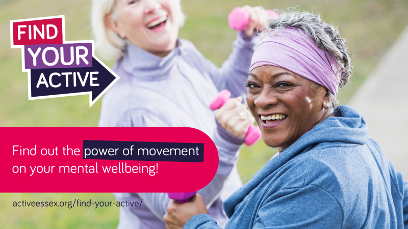 Two people jogging whilst smiling with text that reads 'find out the power of movement on your mental wellbeing - activeessex.org/find-your-active